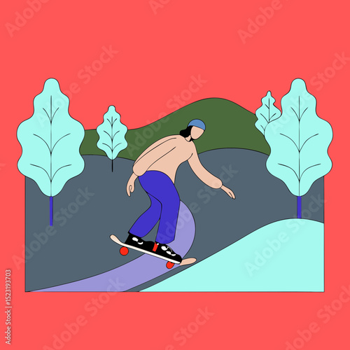 Person skateboarding downhill in park. Skateboarding illustration features person riding skateboard down slope. Person on skateboard descends hill in stylized landscape.