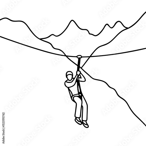 Person ziplining across canyon. Exciting adventure activity showcasing thrill seeker soaring through air. Zipline ride offers breathtaking views of majestic mountains and landscape.