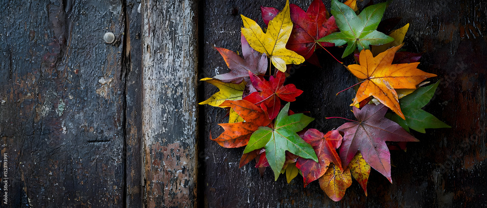 Obraz premium Colorful Autumn Leaf Wreath On Dark Wood Background