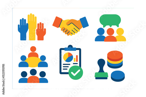 Flat vector icons of group decision and consensus: raised hands voting, consensus handshake, group chat bubble, meeting table icon, opinion poll chart, decision approval stamp, team discussion icon,