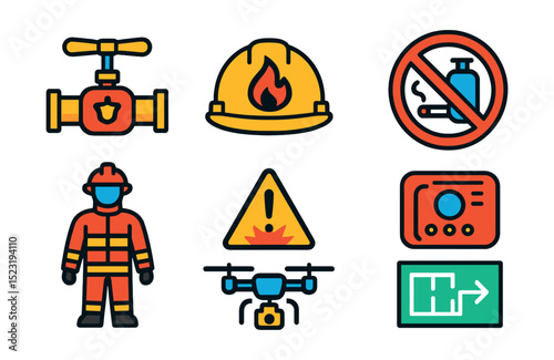 Flat vector icons of energy and gas safety: emergency shutoff valve, safety helmet with flame icon, no smoking gas zone, leak detection sensor, fire-resistant gear, high-pressure warning symbol,
