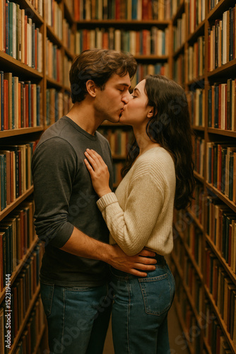 Couple kissing in library.