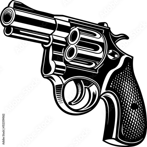 Revolver with open cylinder. Detailed illustration of classic six-shooter firearm with visible chambers.  High-detail revolver image perfect for crime novels, western films, or action game design.