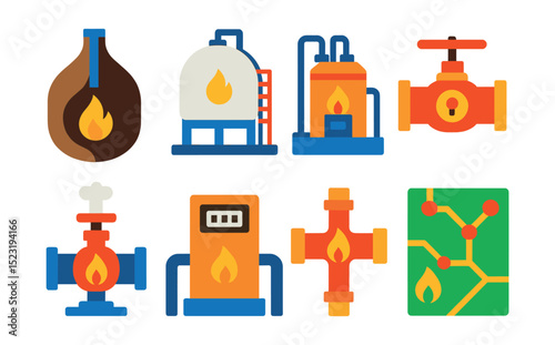 Flat vector icons of natural gas storage and distribution: underground storage cavern, LNG storage tank, distribution station, pipeline valve control, pressure relief device, gas metering station,