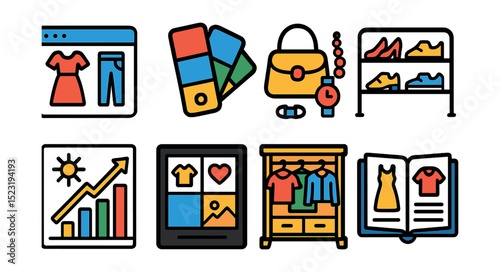 Flat vector icons of fashion and style choices: outfit selector icon, color swatch badge, accessory pack, shoe selection rack, seasonal trend chart, style mood board, wardrobe organizer, fashion