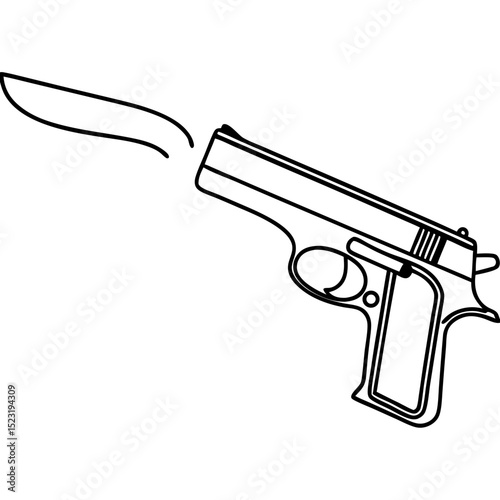 Semi-automatic pistol firing a bullet. Gunshot image shows semi-automatic handgun discharging projectile.