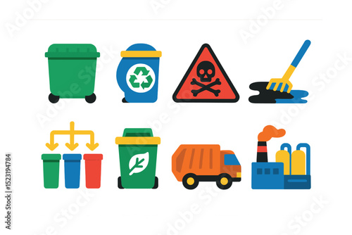 Flat vector icons of port waste management: waste container icon, recycling bin badge, hazardous waste symbol, oil spill cleanup, waste sorting chart, compost bin, garbage truck, waste treatment