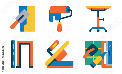 Flat vector icons of building finishing works: plastering wall trowel, interior paint roller, ceiling panel lift, lighting fixture mount, door frame setting, skirting board cutter, tile grout