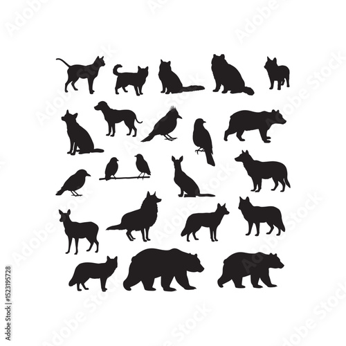 Assorted animal silhouettes including dogs, cats, and bears, useful for a variety of nature and pet-related designs.