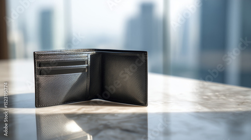 Open black leather wallet on marble table with city skyline background  