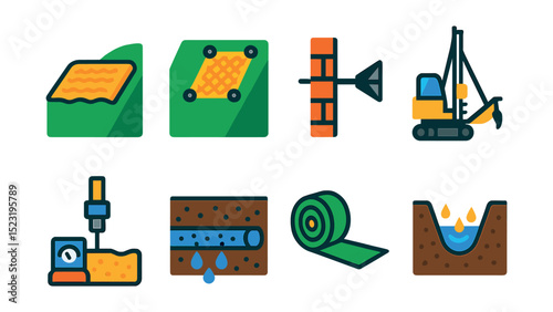Flat vector icons of environmental and geotechnical work: erosion control mat, slope stabilization mesh, retaining wall anchor, borehole drilling rig, soil compaction test, groundwater drainage