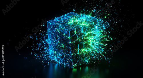 Cyber Cube Explosion: A striking visual of a digital cube undergoing a dramatic transformation, with shards of energy bursting outwards, symbolizing innovation and data disruption