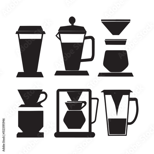 Assorted silhouettes of coffee brewing equipment, including pour-over and blenders, for beverage themes.