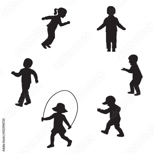 Children's silhouettes engaged in jump rope and playful activities, capturing moments of active childhood joy.