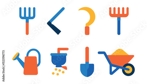 Flat vector icons of farming tools and equipment: pitchfork icon, hoe tool symbol, sickle blade, hand rake badge, watering can spray, seed spreader crank, soil shovel icon, wheelbarrow load.