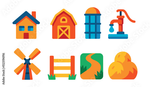 Flat vector icons of rural infrastructure and facilities: farmhouse icon, barn building badge, grain silo tower, water pump system, windmill blade, field fence, dirt road path, haystack pile.