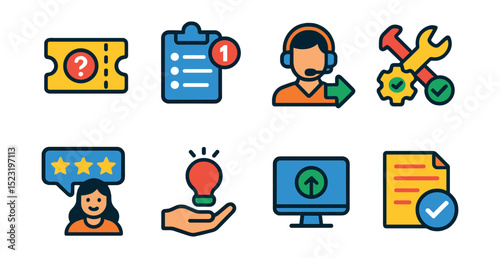 Flat vector icons of help desk workflow: ticket creation icon, queue list badge, agent assignment, issue resolution, customer feedback, knowledge sharing, status update, closure confirmation.