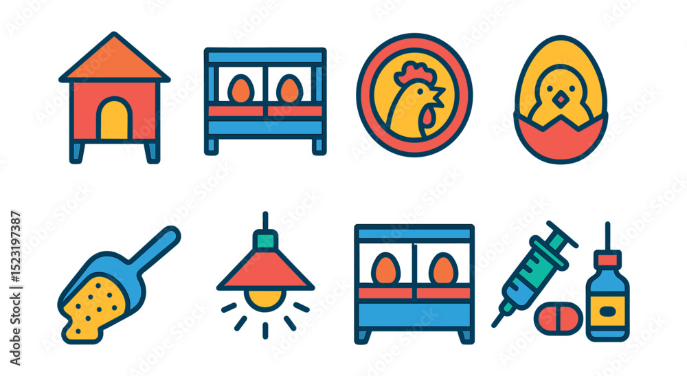 Naklejka premium Flat vector icons of poultry and egg farming: chicken coop icon, egg laying cage, rooster crow badge, chick hatching egg, feed scoop symbol, brooder heater lamp, nesting box unit, poultry vaccination