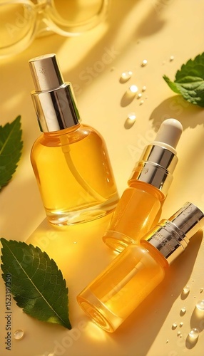 Fresh skincare products on dewy glass surface, water droplets, mint leaves, soft morning light, high-quality product photography setup