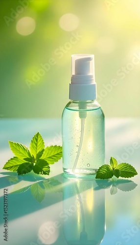 Fresh skincare products on dewy glass surface, water droplets, mint leaves, soft morning light, high-quality product photography setup