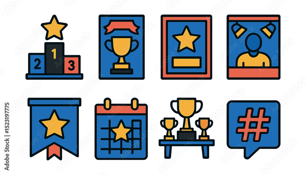 Fototapeta premium Flat vector icons of recognition events and programs: award ceremony podium, internal awards gala invite, recognition wall plaque, spotlight nominee frame, excellence program banner, recognition