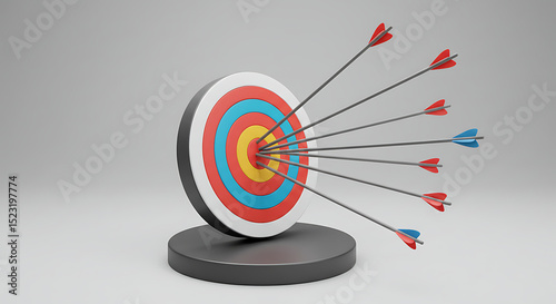 Bullseye: A close-up shot of an archery target with multiple arrows piercing the bullseye, symbolizing accuracy and achievement, with vibrant colors and sharp focus.