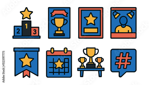 Flat vector icons of recognition events and programs: award ceremony podium, internal awards gala invite, recognition wall plaque, spotlight nominee frame, excellence program banner, recognition