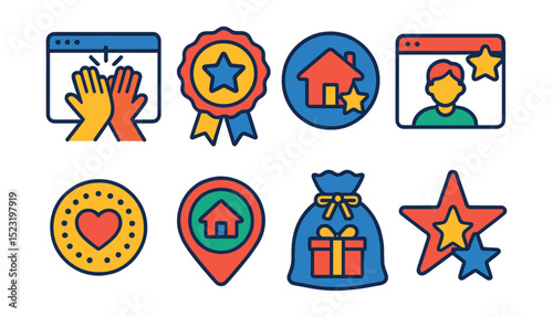 Flat vector icons of remote work and hybrid recognition: virtual high five icon, remote excellence badge, home office hero award, video call spotlight frame, digital engagement token, WFH achievement