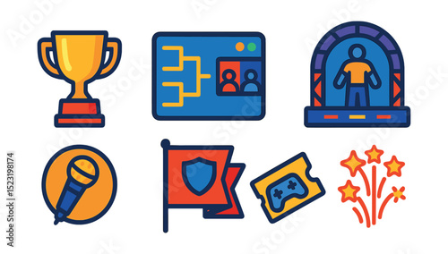 Flat vector icons of esports tournaments and events: trophy cup icon, tournament bracket board, live match screen, player intro stage, shoutcaster mic badge, team banner flag, event ticket pass,