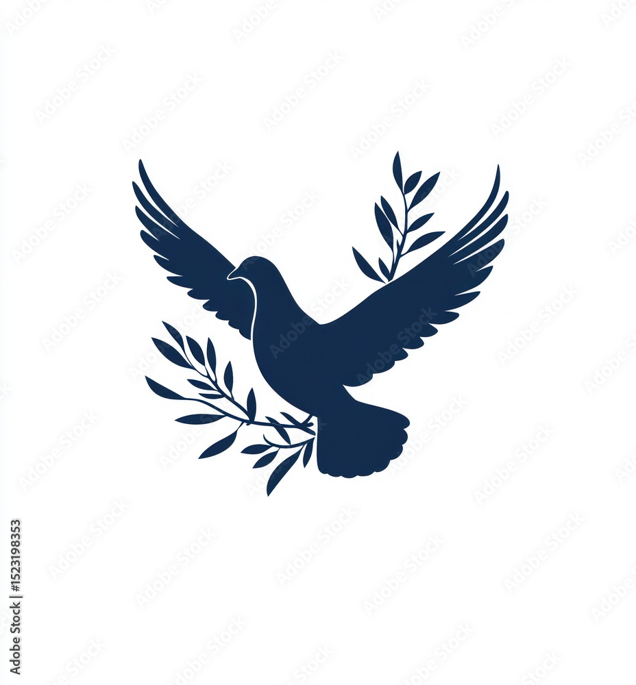 Obraz premium Dark navy blue silhouette of a dove in flight, encircled by olive branches