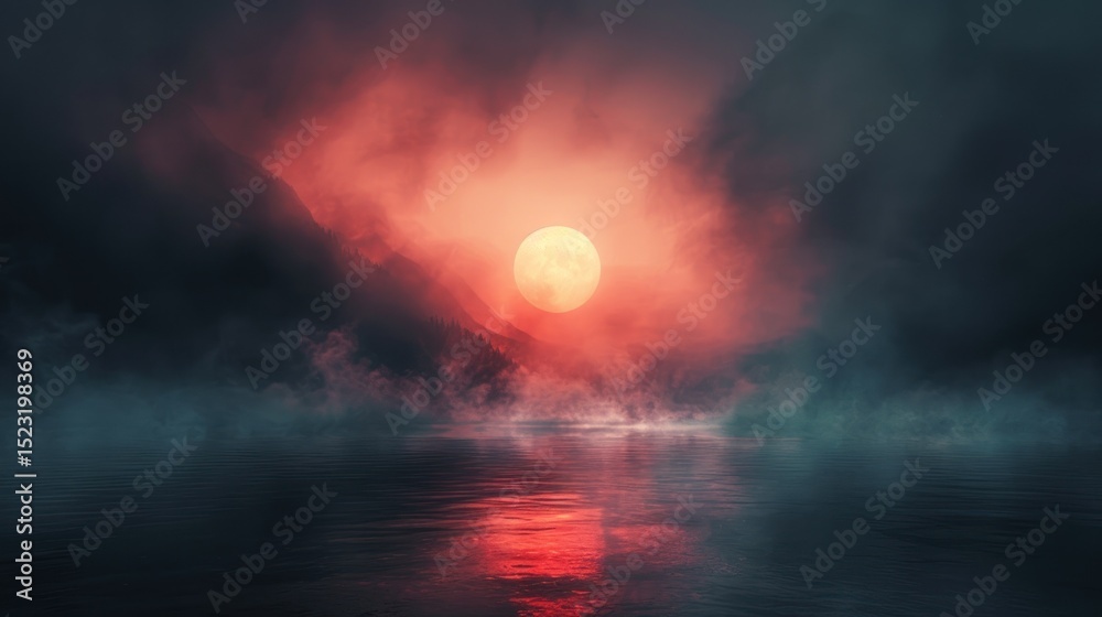 Fototapeta premium Crimson moonlit, misty landscape