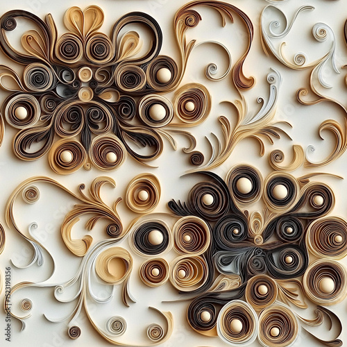 Decorative paper quilling design with earthy tones and swirls  