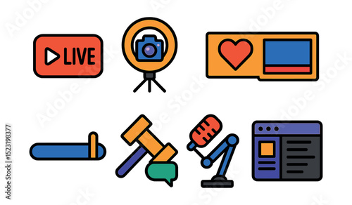 Flat vector icons of streaming and content creation: live stream icon, camera with ring light, subscriber alert badge, streaming overlay screen, donation goal bar, chat moderation hammer, recording
