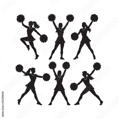 Dynamic silhouettes of cheerleaders in various acrobatic and cheering poses, ideal for sports and team spirit.
