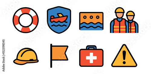 Flat vector icons of water emergency and safety: life buoy icon, rescue boat badge, flood barrier, water rescue team, safety helmet, emergency signal flag, first aid kit, hazard warning.