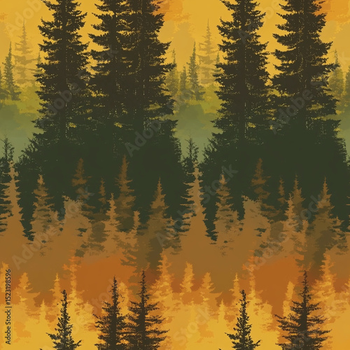 Pine forest silhouette with reflections in warm autumn colors  