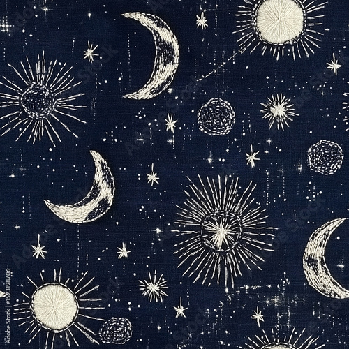 Celestial pattern featuring moons and stars on dark fabric background  