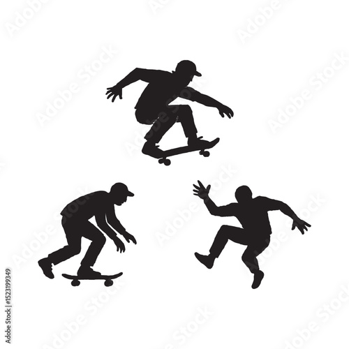 Dynamic skateboarder silhouettes capturing energetic stunts and active poses, ideal for sports-themed projects.