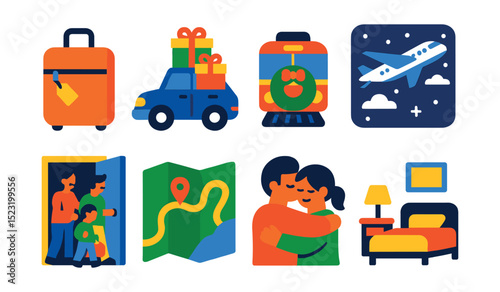 Flat vector icons of holiday travel and visits: packed suitcase icon, car with gifts on roof, train with wreath, plane in winter sky, family arrival at door, road trip map, welcome home hug, cozy