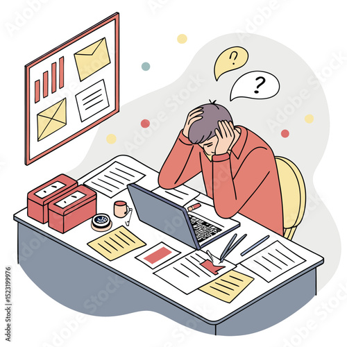 Overwhelmed person at desk illustration