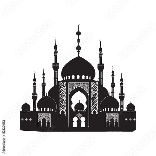 Intricate silhouette of a grand mosque with minarets, ideal for architectural and cultural designs.