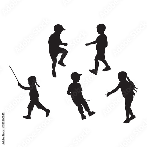 Playful children's silhouettes in various walking and active poses, capturing youthful energy and fun.