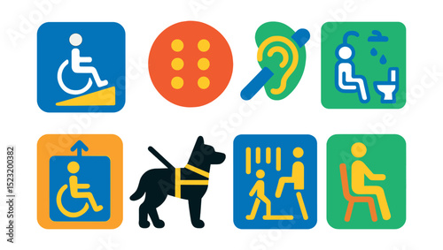 Flat vector icons of hotel accessibility features: wheelchair ramp icon, braille signage badge, hearing aid loop, accessible bathroom, elevator with accessibility, service animal, tactile path,