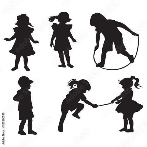 Playful children's silhouettes showcasing shield-like shapes and active poses, perfect for imaginative designs.
