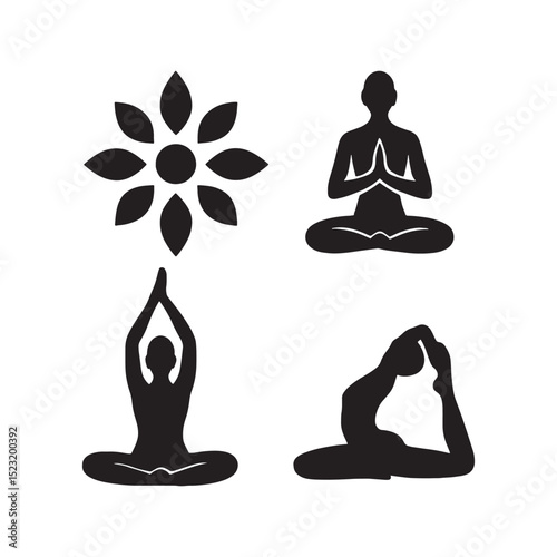Serene yoga silhouettes featuring various meditation and stretching postures, ideal for wellness and relaxation.