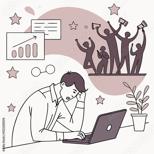 Stressed man working dreaming of success celebration line art illustration