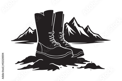 Hiking Boots and Mountains Silhouette