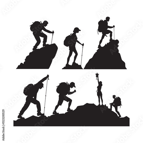 Silhouettes of mountain climbers and trekkers ascending steep terrain, perfect for adventurous outdoor designs.