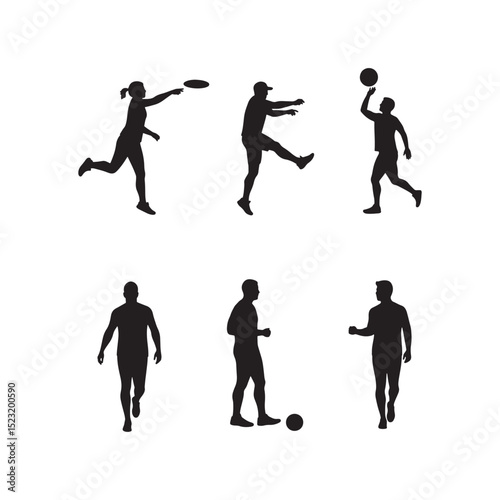 Silhouettes of people engaged in running and playing soccer, ideal for active and sports-oriented graphics.