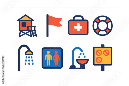 Flat vector icons of beach safety and amenities: lifeguard tower icon, warning flag badge, first aid kit, life buoy ring, shower station, beach restroom, water fountain, beach rules sign.